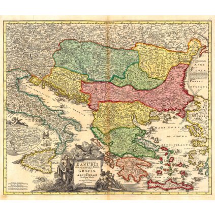 JOHANN BAPTIST HOMANN (1664-1724): Mapa Dunaja. Kolorovaná medirytina. Norimberg, 1720. (Druh potlače Plagát rozmer 100x86 (papier posterový, 200g, satinovaný))