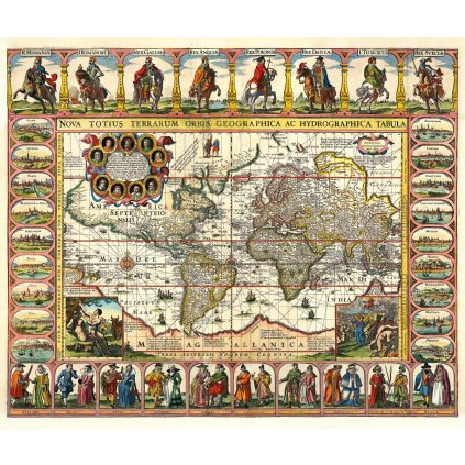 PETRUS KAERIUS (1571-1646), JOHANNES JANSSONIUS (1588-1664): Mapa sveta. Kolorovaná medirytina. Amsterdam, 1632. (Druh potlače Plagát rozmer 100x84 (papier posterový, 200g, satinovaný))