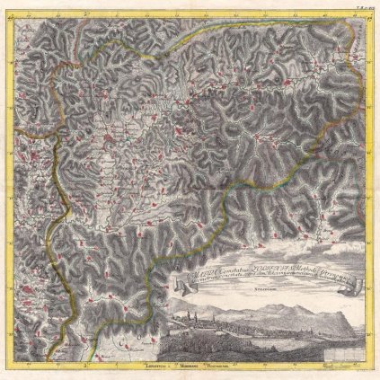 SAMUEL MIKOVÍNI (1686-1750): Mapa Zvolenskej stolice. Kolorovaná medirytina. Bratislava, 1736.  - Reprodukcia dekoračnej historickej mapy na stenu