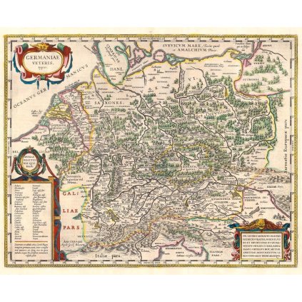 WILLEM JANSZOON BLAEU (1571-1638): Historická mapa Germanie. Kolorovaná medirytina. Amsterdam, 1630. (Druh potlače Plagát rozmer 100x81(papier posterový, 200g, satinovaný))