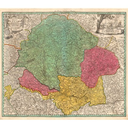JOHANN BAPTIST HOMANN (1664-1724): Mapa Uhorska. Kolorovaná medirytina. Norimberk, 1720. (Druh potlače Plagát rozmer 100x87 (papier posterový, 200g, satinovaný))