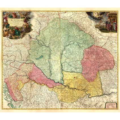 JOHANN BAPTIST HOMANN (1664-1724): Mapa Uhorska. Kolorovaná medirytina. Norimberg, 1720. (Kópia) (Druh potlače Plagát rozmer 100x87 (papier posterový, 200g, satinovaný))