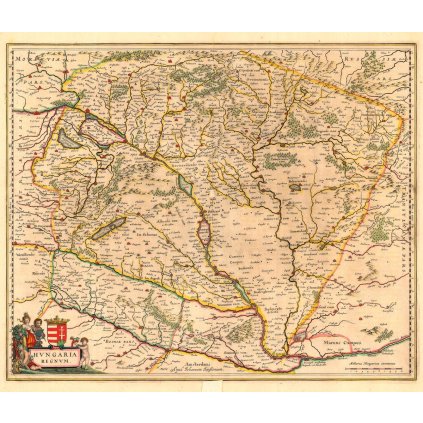 JOHANNES JANSSONIUS (1588-1664): Mapa Uhorska. Kolorovaná medirytina. Amsteredam, 1636. (Druh potlače Plagát rozmer 100x85 (papier posterový, 200g, satinovaný))