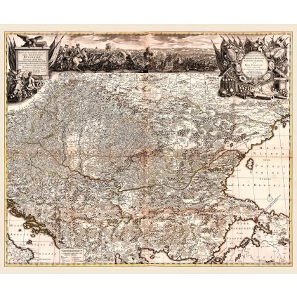 PETRUS SCHENK (1661-1711): Mapa Uhorsko. Kolorovaná medirytina. Amsterdam, 1717. (Druh potlače Plagát rozmer 100x84 (papier posterový, 200g, satinovaný))