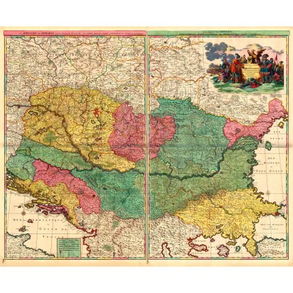 GILLAUME SANSON (1633-1703), PIETER MORTIER (1661–1711): Mapa Uhorsko. Kolorovaná medirytina. Amsterodam, 1692. (Druh potlače Plagát rozmer 100x82 (papier posterový, 200g, satinovaný))