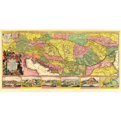 GILLAUME SANSON (1633-1703), PIETER MORTIER (1661–1711): Mapa Dunaja. Kolorovaná medirytina. Amsterdam, 1692. (Druh potlače Plagát rozmer 100x52 (papier posterový, 200g, satinovaný))