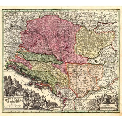 MATTHÄUS SEUTTER (1678-1757): Mapa Uhorsko. Kolorovaná medirytina. Augsburg, 1745. (Druh potlače Plagát rozmer 100x90 (papier posterový, 200g, satinovaný))