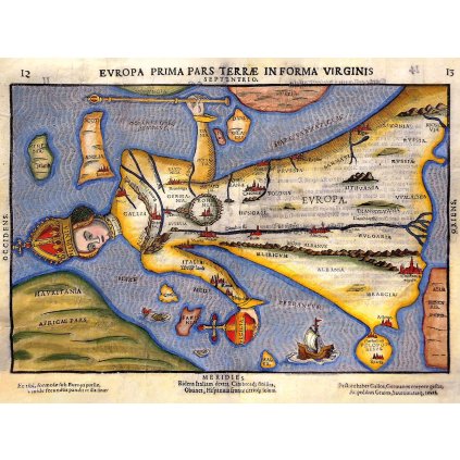 HEINRICH BÜNTING (1545–1606): Alegorická mapa Královny Európy. Kolorovaný drevorez. Magdeburg, 1581. (Druh potlače Plagát rozmer 100x75 (papier posterový, 200g, satinovaný))
