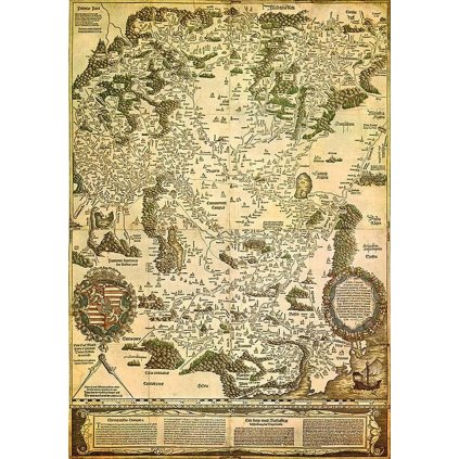 LAZARUS ROSETTI : Tabula Hungariae (prvá mapa Uhorska). Drevorez. Inglostadt, 1528. (Druh potlače Plagát rozmer 100x88 (papier posterový, 200g, satinovaný))