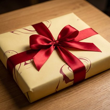 book wrapped in nice red soft yellow paper with red ribbon