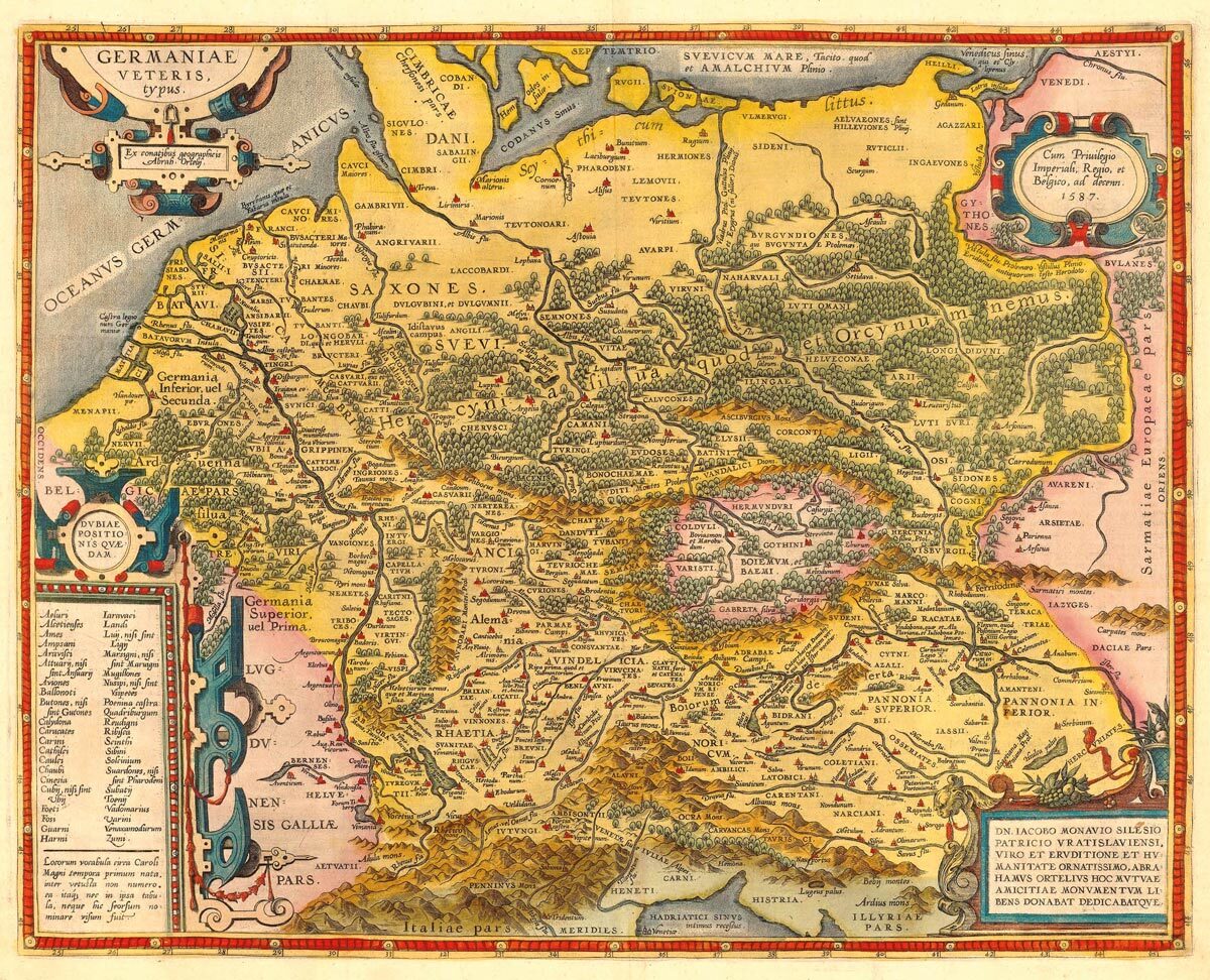 ABRAHAM ORTELIUS (1527–1598): Mapa historickej Germánie. Kolorovaná medirytina. Amsterdam, 1592.  - Reprodukcia dekoračnej historickej mapy na stenu…