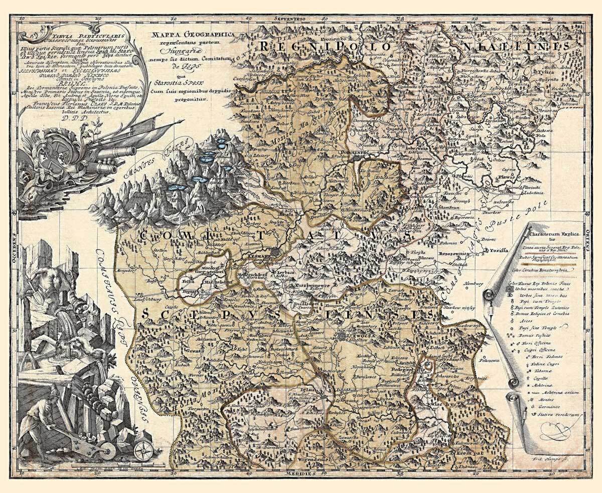 FRANTIŠEK FLORIÁN KAJETÁN CZÁKY : Mapa Spišskej prefektúry. Kolorovaná medirytina. Elblag, 1760.  - Reprodukcia dekoračnej historickej mapy na stenu…