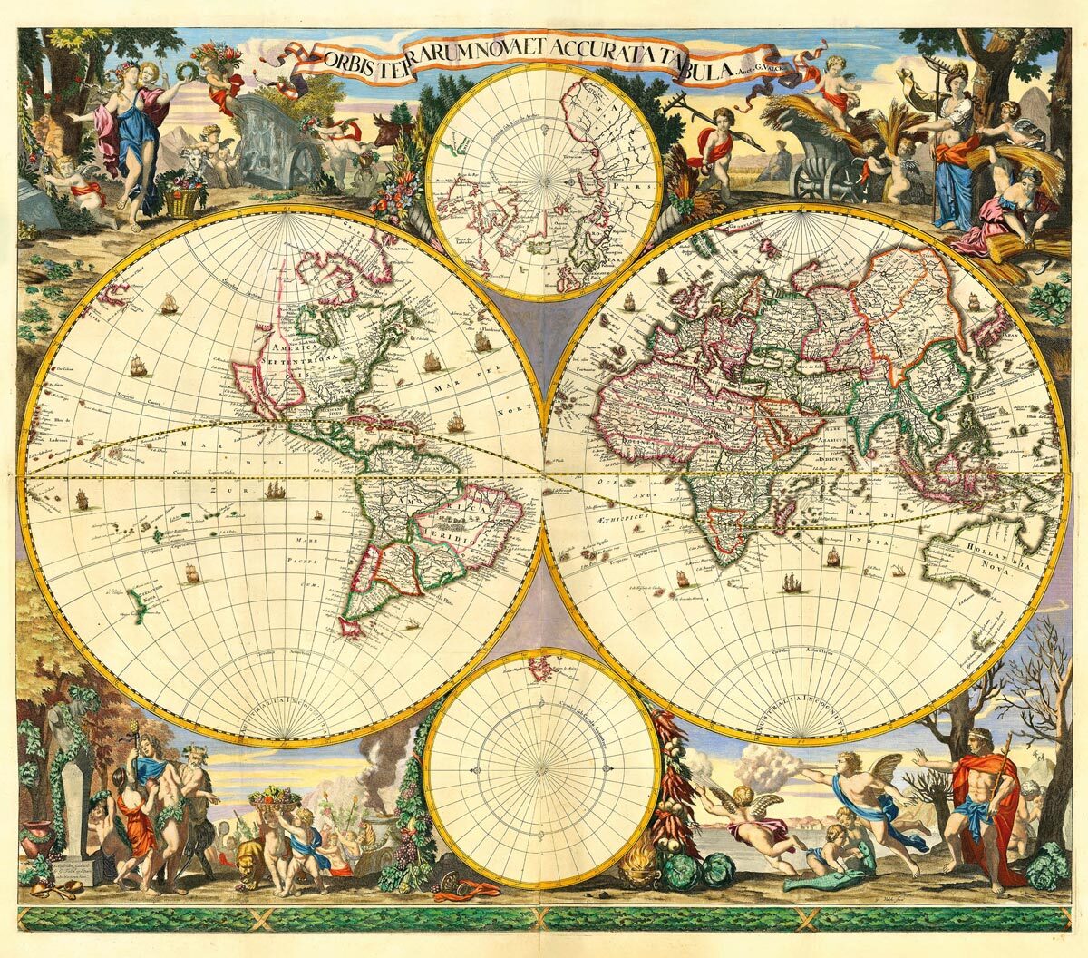 FREDERICK DE WIT (1630-1706), GERARD VALCK (1650-1726): Mapa sveta. Kolorovaná medirytina. Amsterdam, 1690.  - Reprodukcia dekoračnej historickej mapy…