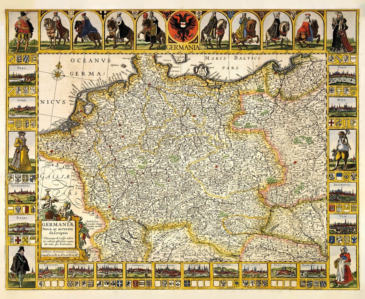 EBERHARD CLOPPENBURGH (?-?): Mapa Nemecka. Kolorovaná medirytina. Amsterdam, 1630.  - Reprodukcia dekoračnej historickej mapy na stenu Druh potlače:…