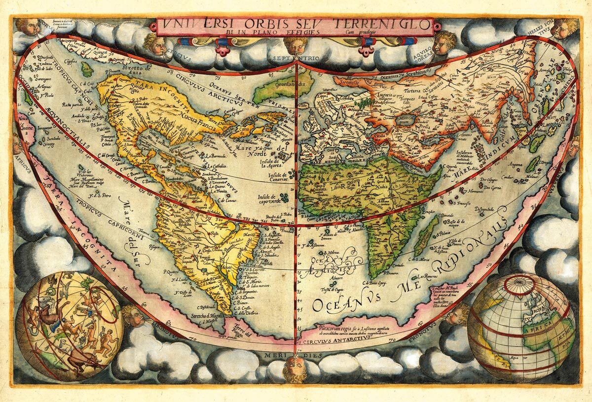 GERARD DE JODE (1509-1591): Mapa sveta. Kolorovaná medirytina. Antverpy, 1578.  - Reprodukcia dekoračnej historickej mapy na stenu Druh potlače:…