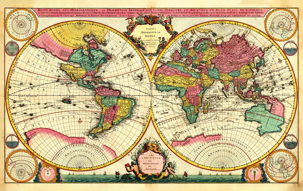 PIERRE MORTIER (1661-1711): Mapa sveta. Kolorovaná medirytina. Amsterdam, 1696.  - Reprodukcia dekoračnej historickej mapy na stenu Druh potlače:…