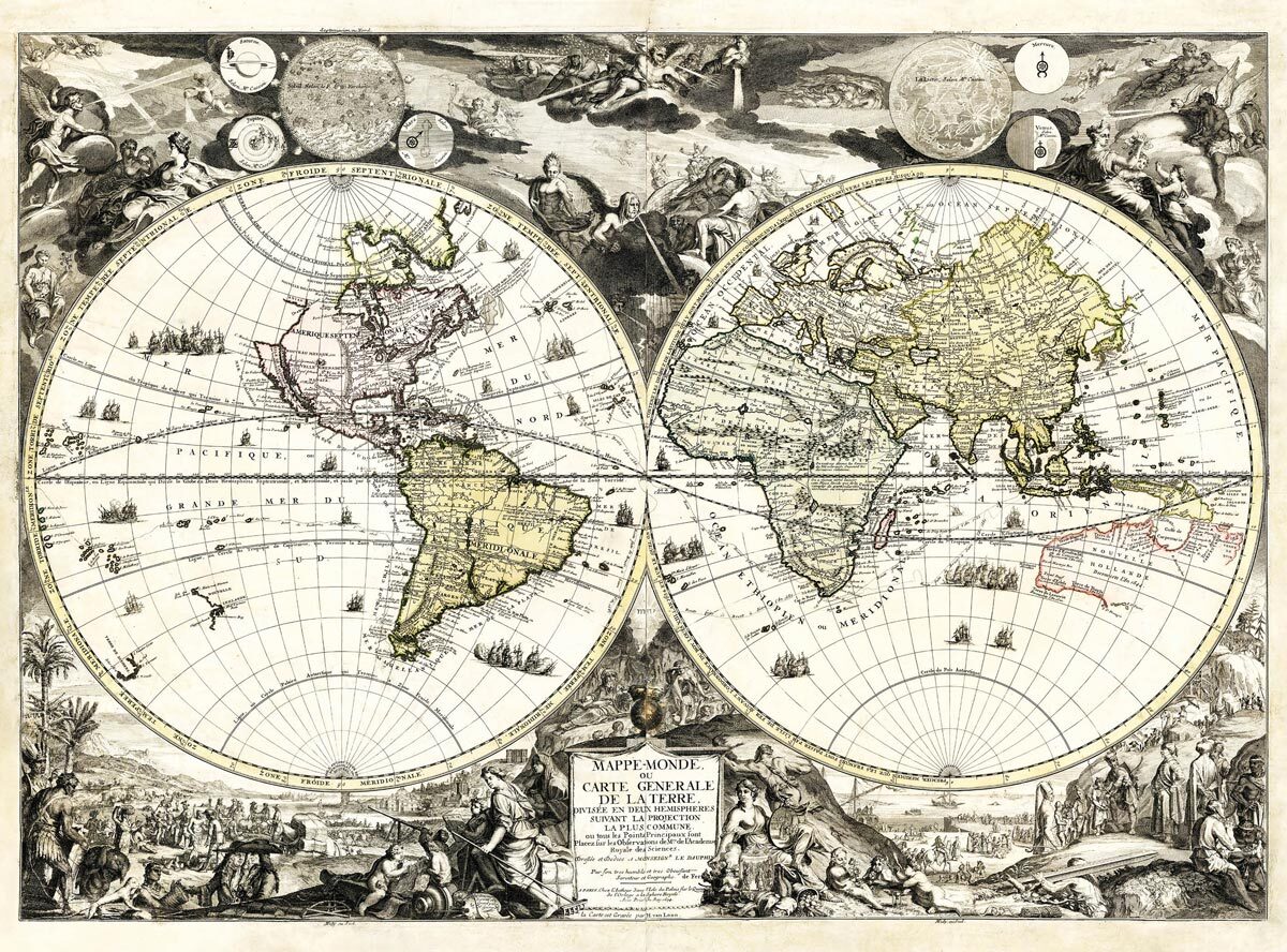NICOLAS DE FER (1646-1720): Mapa sveta. Medirytina. Paríž, 1694.  - Reprodukcia dekoračnej historickej mapy na stenu Druh potlače: Plagát rozmer 75x56…