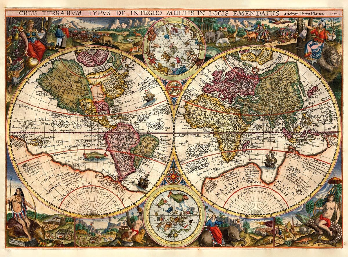 PETRUS PLANCIUS (1552-1622): Mapa sveta. Kolorovaná medirytina. Amsterdam, 1594.  - Reprodukcia dekoračnej historickej mapy na stenu Druh potlače:…