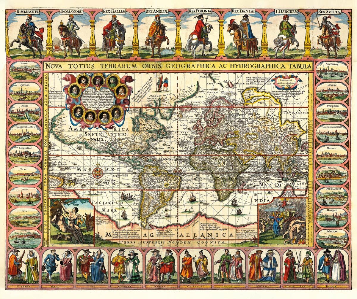 PETRUS KAERIUS (1571-1646), JOHANNES JANSSONIUS (1588-1664): Mapa sveta. Kolorovaná medirytina. Amsterdam, 1632.  - Reprodukcia dekoračnej historickej…