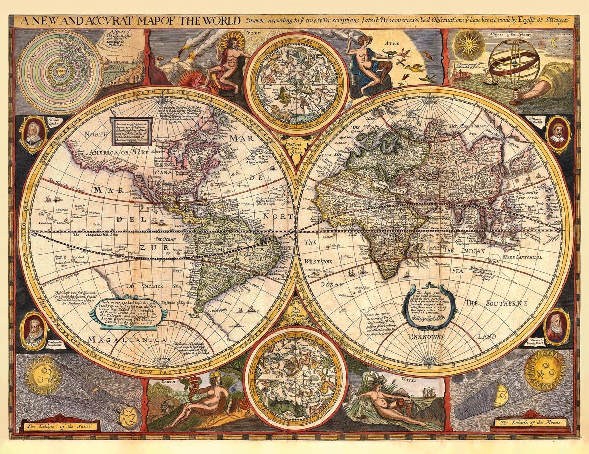 ROBERT WALTON (1618-1688): Mapa sveta. Kolorovaná medirytina. Londýn, 1658.  - Reprodukcia dekoračnej historickej mapy na stenu Druh potlače:…