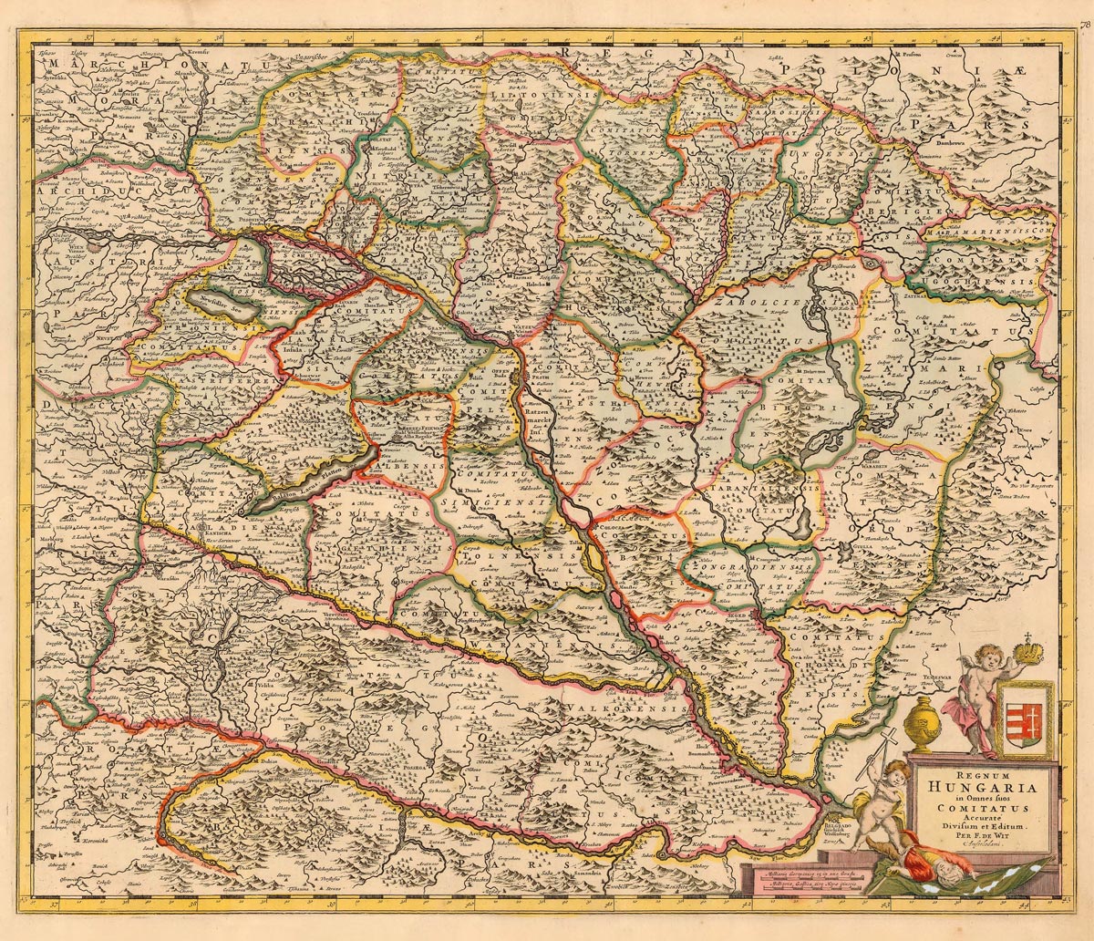 FREDERIK DE WIT (1629-1706): Mapa Uhorska. Kolorovaná medirytina. Amsterdam, 1695.  - Reprodukcia dekoračnej historickej mapy na stenu Druh potlače:…