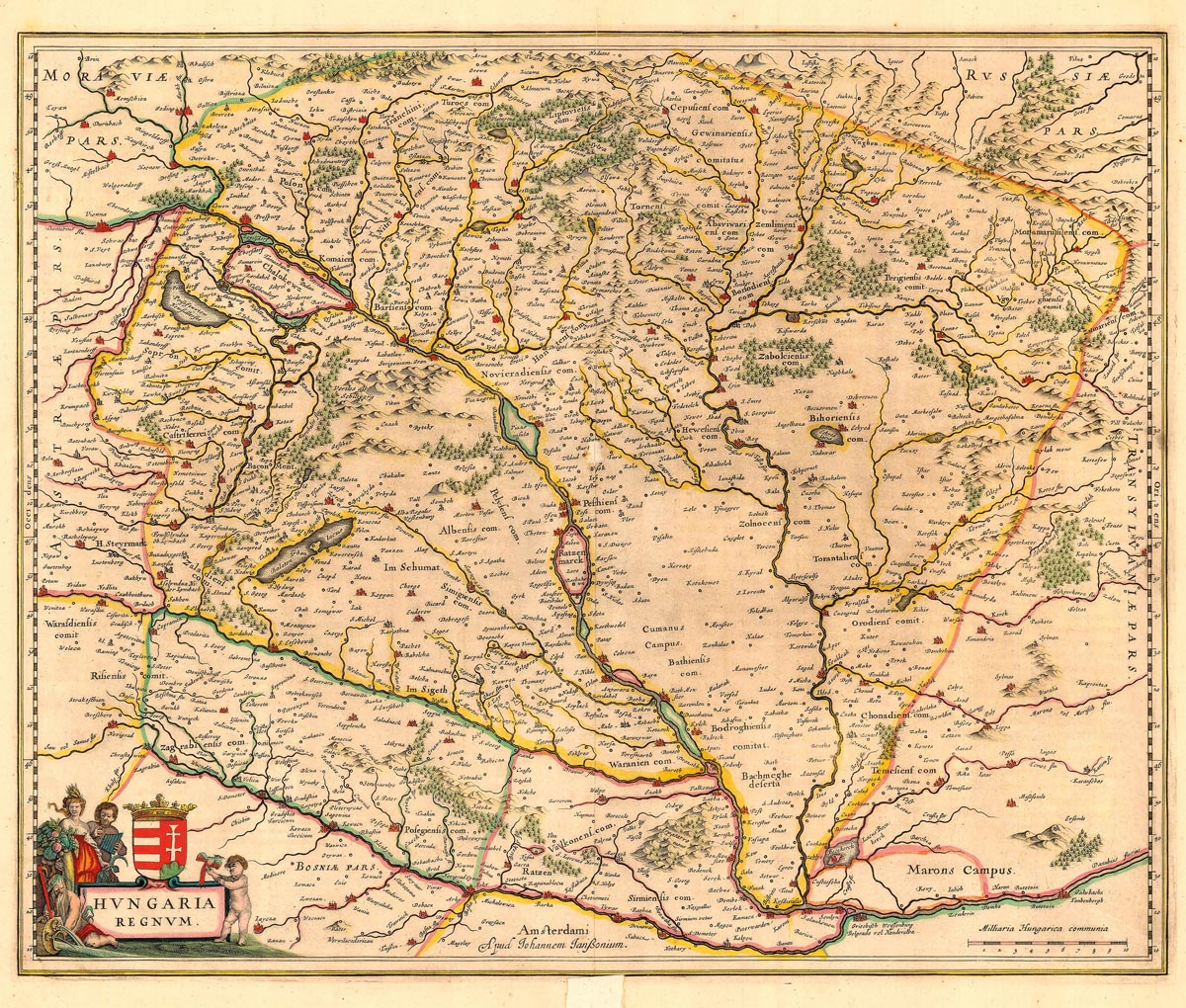 JOHANNES JANSSONIUS (1588-1664): Mapa Uhorska. Kolorovaná medirytina. Amsteredam, 1636.  - Reprodukcia dekoračnej historickej mapy na stenu Druh…
