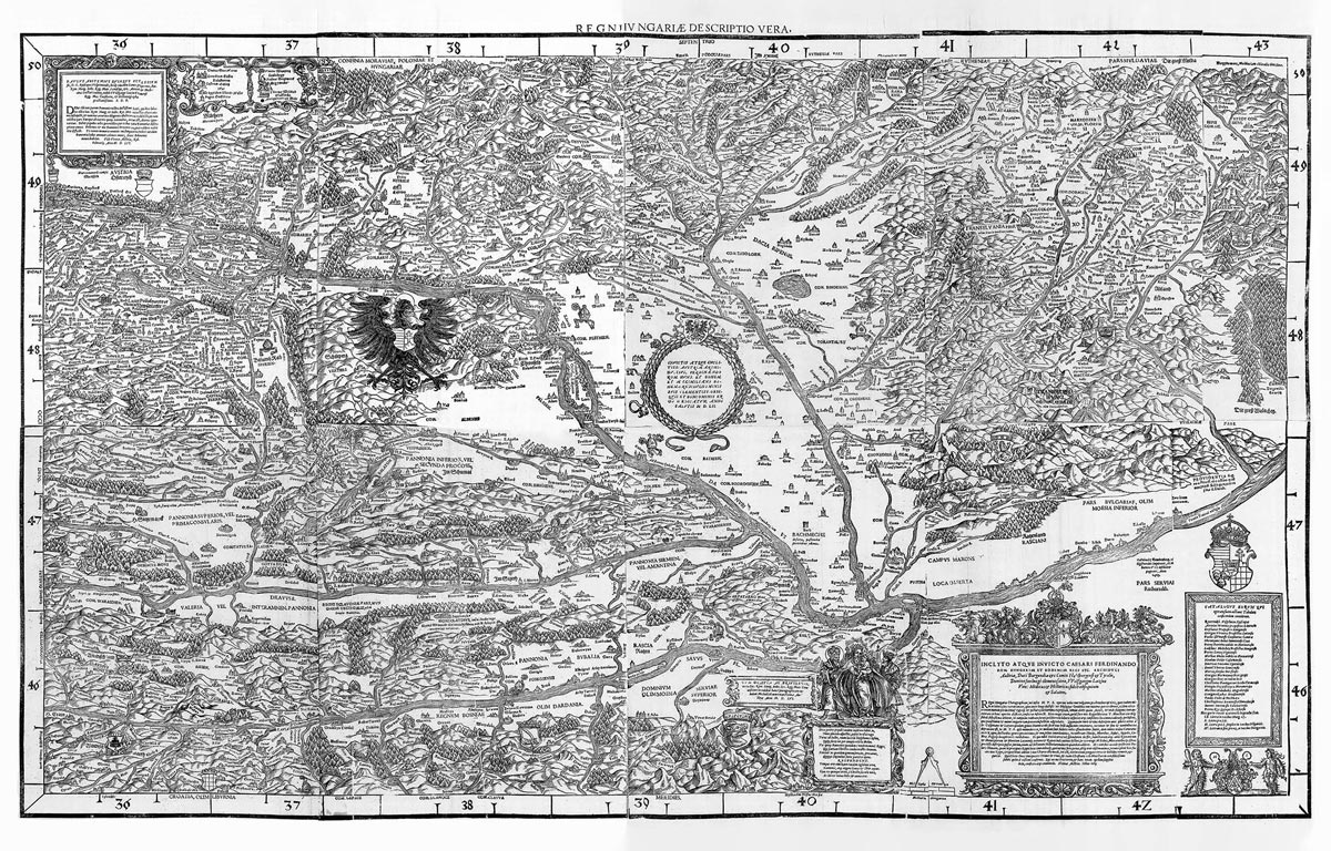 WOLFGANG LAZIUS (1514-1565): Mapa Uhorska. Drevorez. Viedeň, 1556.  - Reprodukcia dekoračnej historickej mapy na stenu Druh potlače: Plagát rozmer…