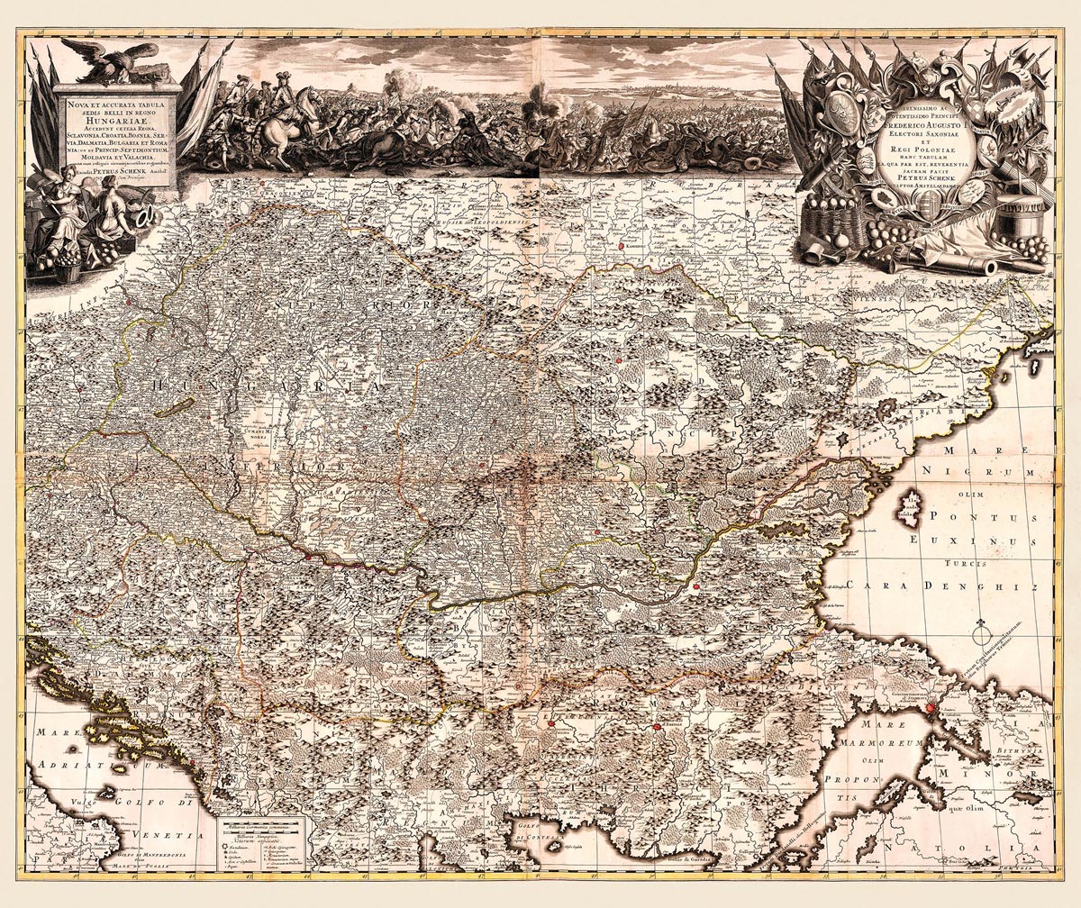 PETRUS SCHENK (1661-1711): Mapa Uhorsko. Kolorovaná medirytina. Amsterdam, 1717.  - Reprodukcia dekoračnej historickej mapy na stenu Druh potlače:…