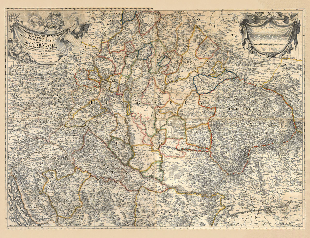 JOHANN CHRISTOPH MÜLLER (1673-1721): Mapa Uhorsko. Kolorovaná medirytina. Viedeň, 1709.  - Reprodukcia dekoračnej historickej mapy na stenu Druh…
