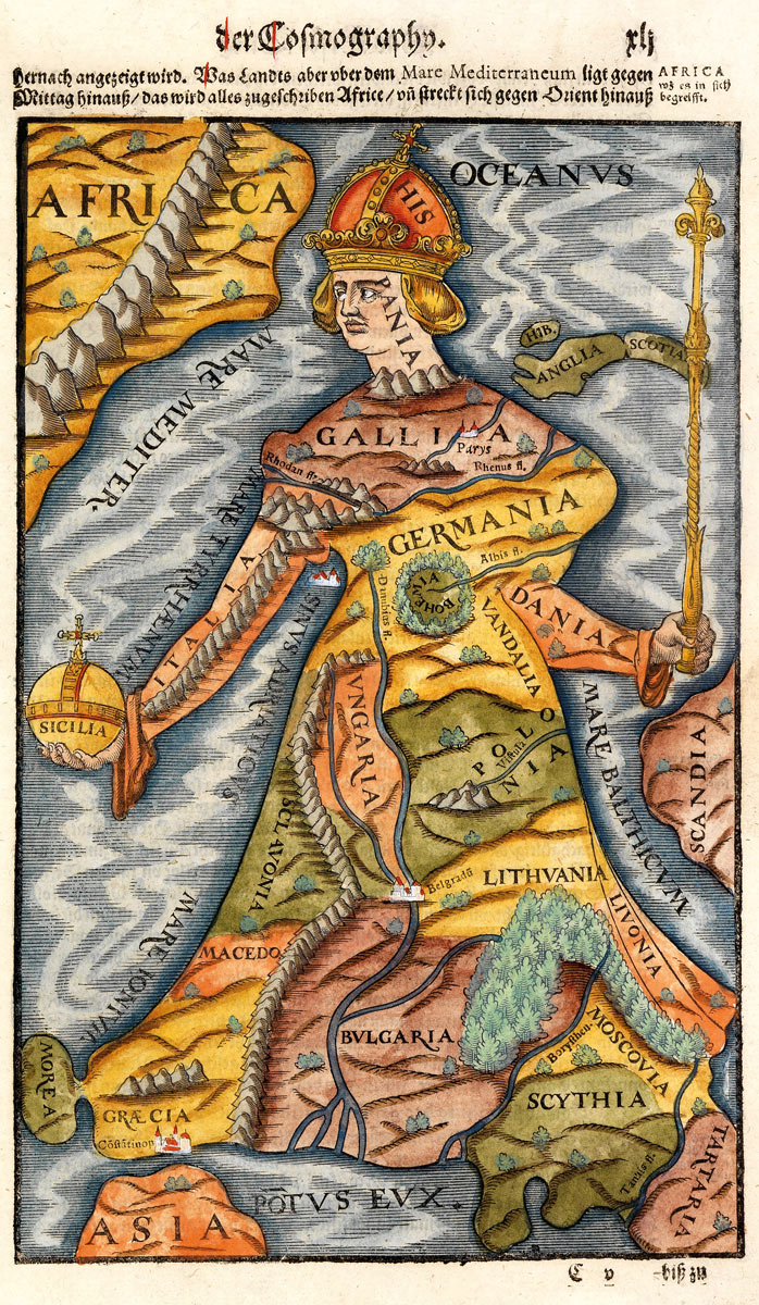 SEBASTIAN MÜNSTER (1489–1552): Alegorická mapa Královny Európy. Kolorovaný drevorez. Basilej, 1570.  - Reprodukcia dekoračnej historickej mapy na…