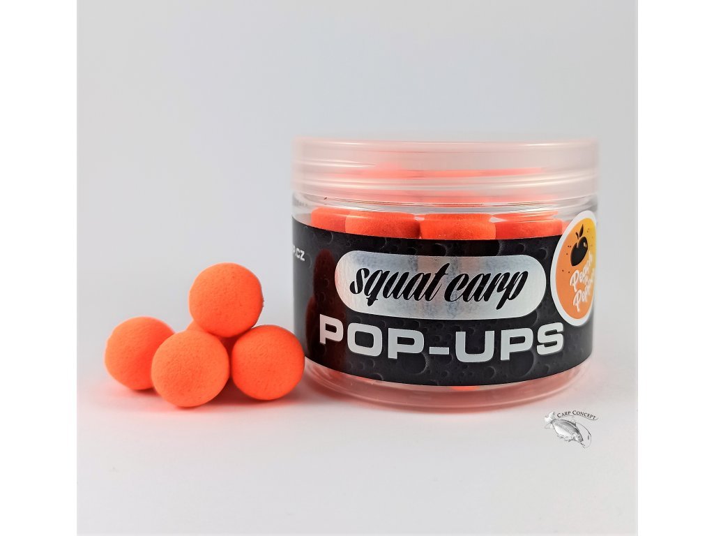 Squat Carp Pop-Up Peach & Pepper 10 mm Naše plovoucí boilies sami rolujeme  z vlastního, extra vzplývavého pop-up mixu, který se vyznačuje též skvělou  schopností uvolňovat atraktory.