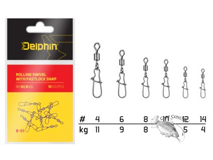 Delphin Karabinka s obratlíkem Rolling Swivel with Fastlock Snap B-01 10ks
