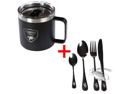 Giants fishing Akční set Nerezový thermo hrnek 400ml + Sada nerezových příborů