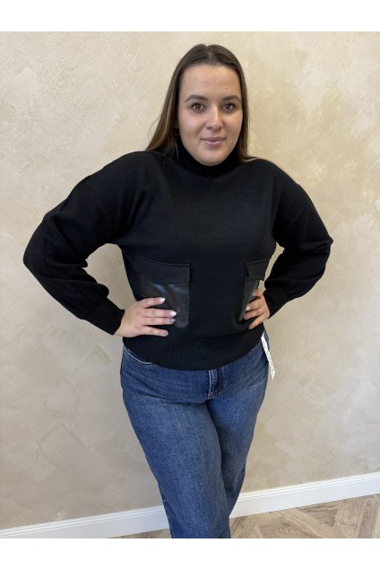 Pulóver s koženkovými vačkami čierny PETRA