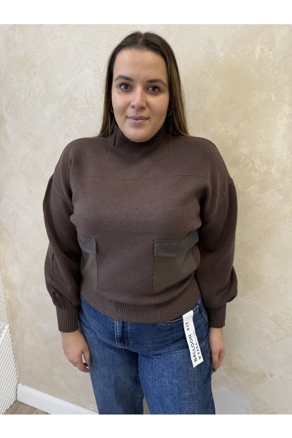 Pulóver s koženkovými vačkami čokoládový PETRA