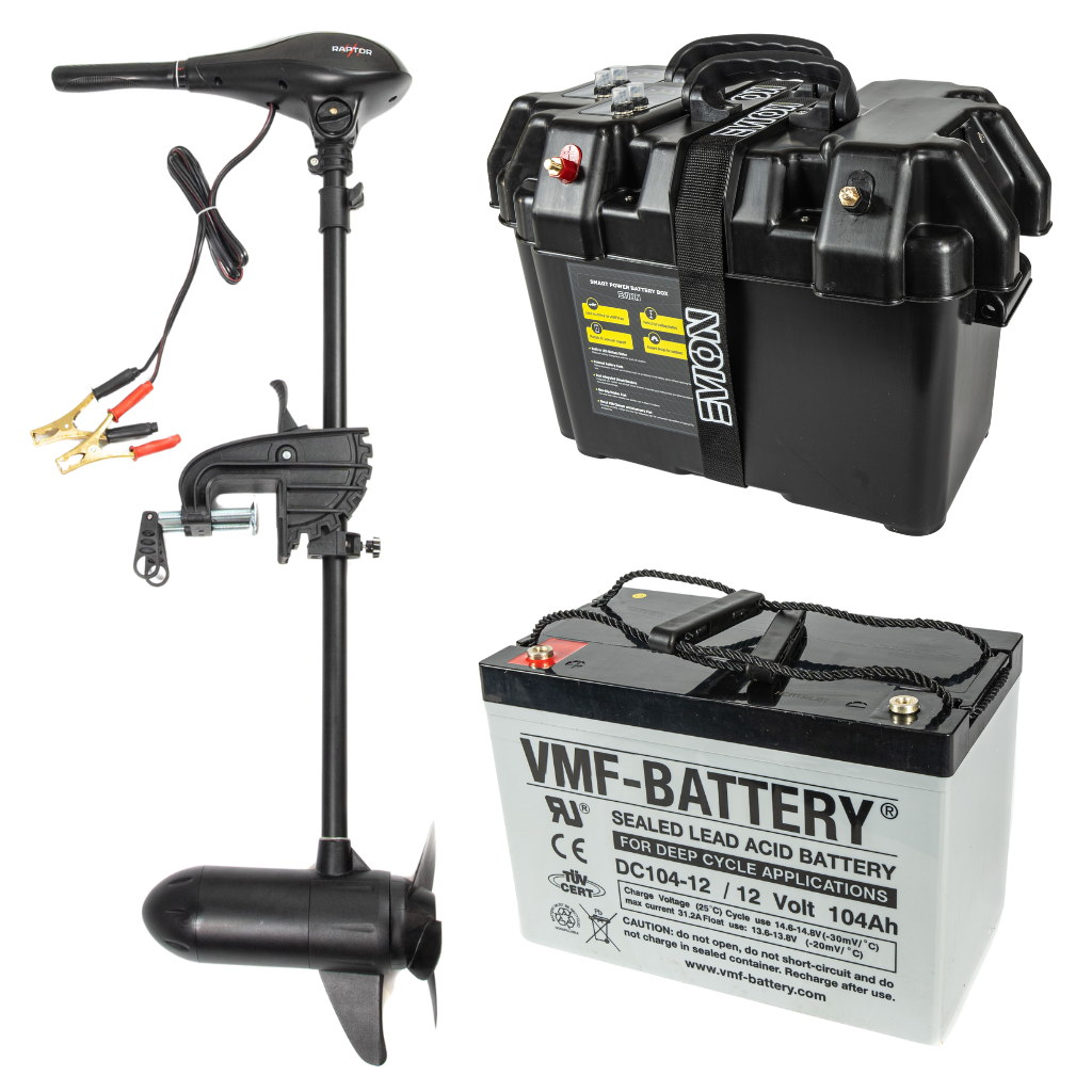 RAPTOR BOATS Raptor Lodní Elektromotor 55LB 12V + baterie AGM (GEL) 104Ah + box
