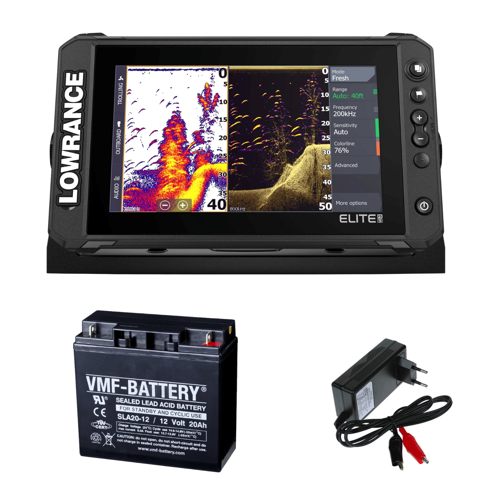 Akční Set Lowrance Sonar Elite FS 9 Active Imaging 3V1 + Baterie 20Ah + Nabíječka 1,8A