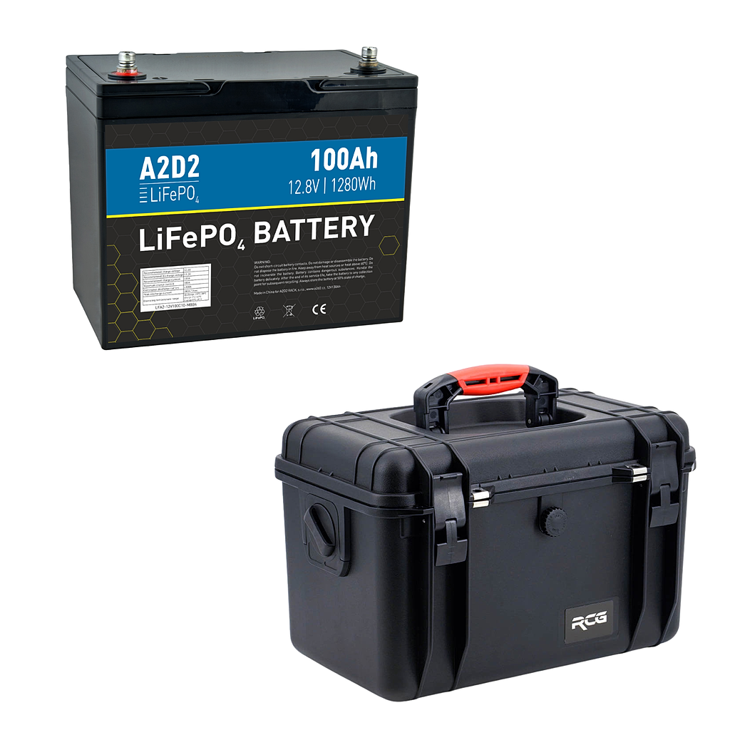 Akční Set Lithiová Baterie A2D2 LiFePO4 12,8V 100Ah + RCG Hard Case L High