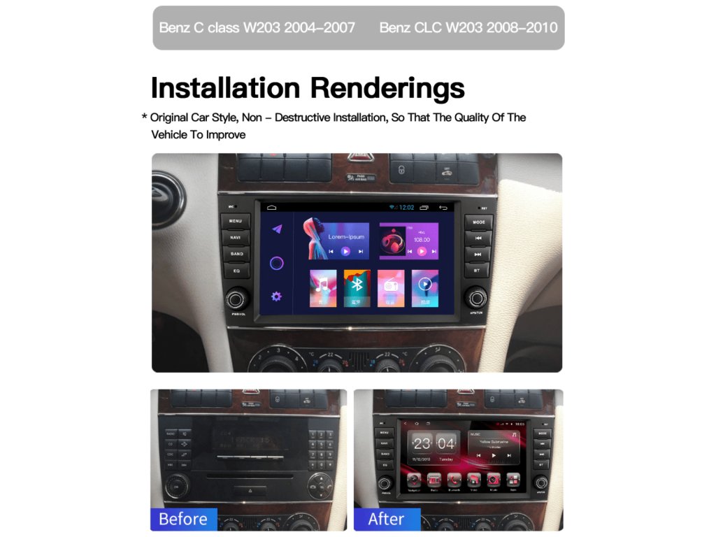 Android Autorádio Mercedes CLC W203 2008-2010, C-Class W203 2004-2007 2din  autorádio GPS navigace s Bluetooth, USB, WiF, ANDROID 12 - CarTune Stereo  s.r.o.