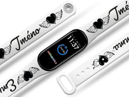 Náhradní náramek Mi band 3/4/5/6/7 na přání: Okřídlené srdce + Jméno (Barva Vícebarevná, Pro Přístroj Xiaomi Mi Band 7)