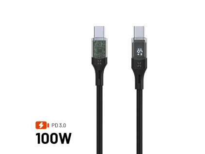 Nabíjecí a datový kabel FIXED USB-C/USB-C s displejem, PD, 100W, 2 m, černý