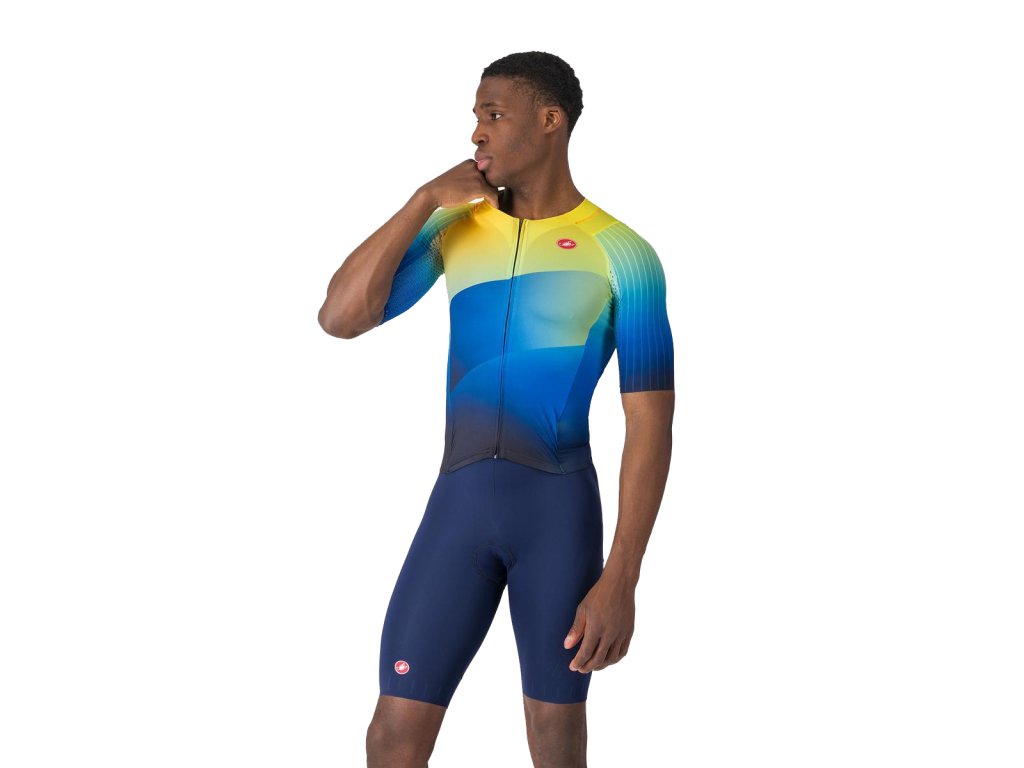 Castelli Free Sanremo 3 Suit SS, Belgian blue/ Multicolor Vivid orange  Vylepšený model špičkovej triatlonovej kombinézy