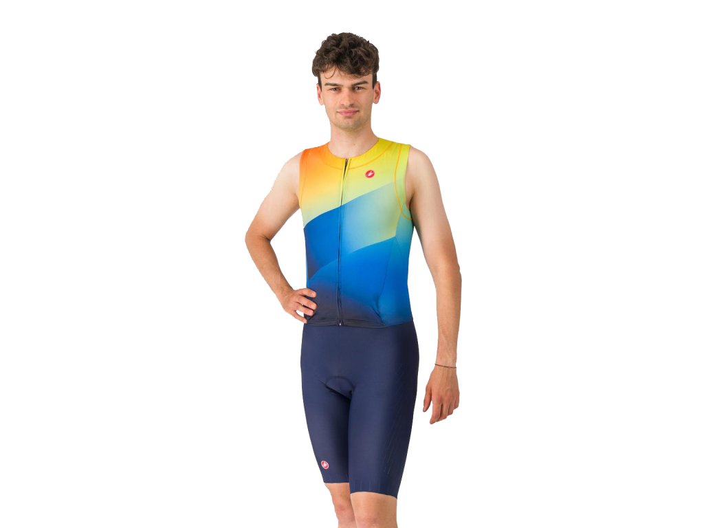 Castelli Free Sanremo 3 Suit SLV, Belgian blue/ Multicolor Vivid orange  Vylepšený model triatlonovej kombinézy bez rukávov