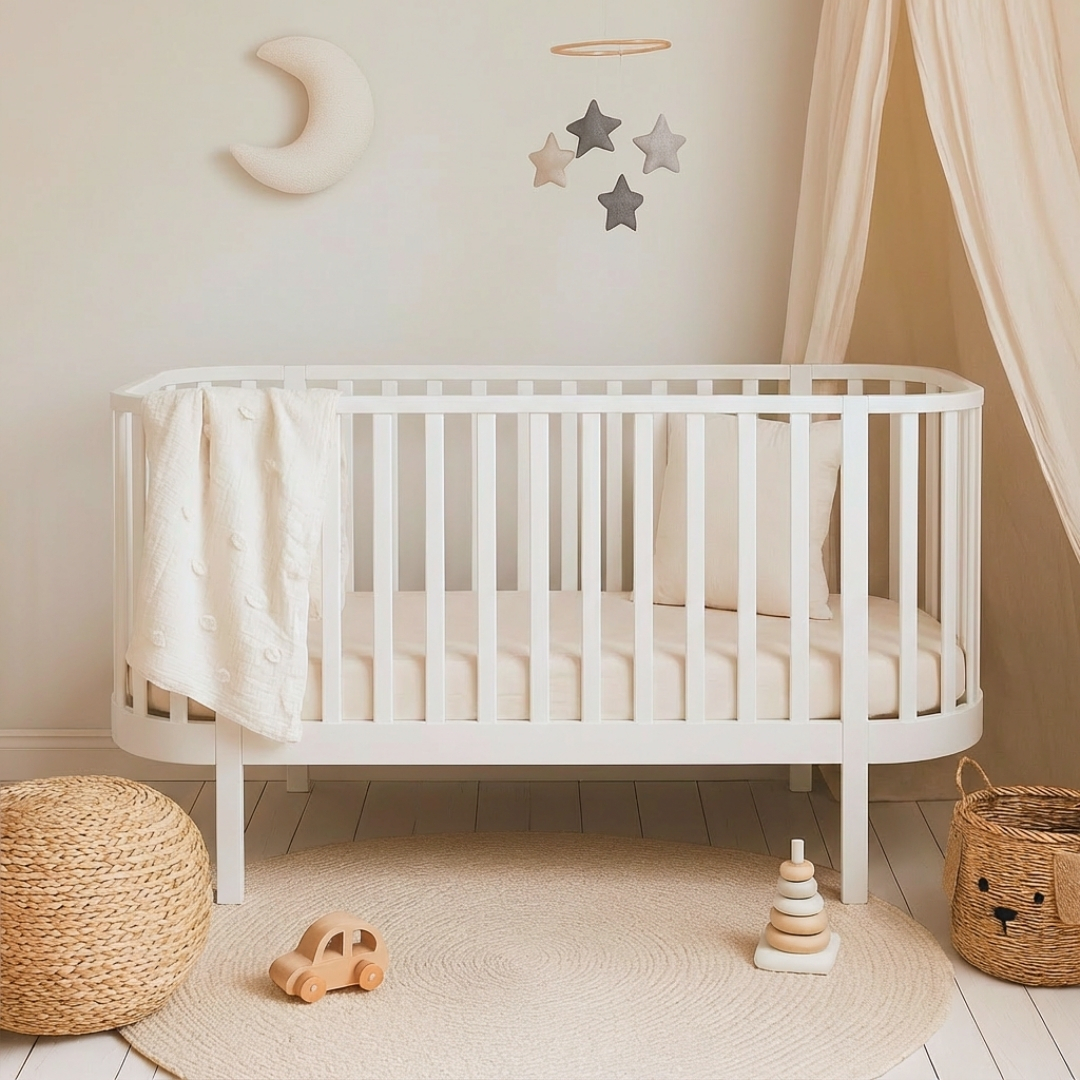 Detská postieľka ZEB – biela, okrúhla, 140×70 cm