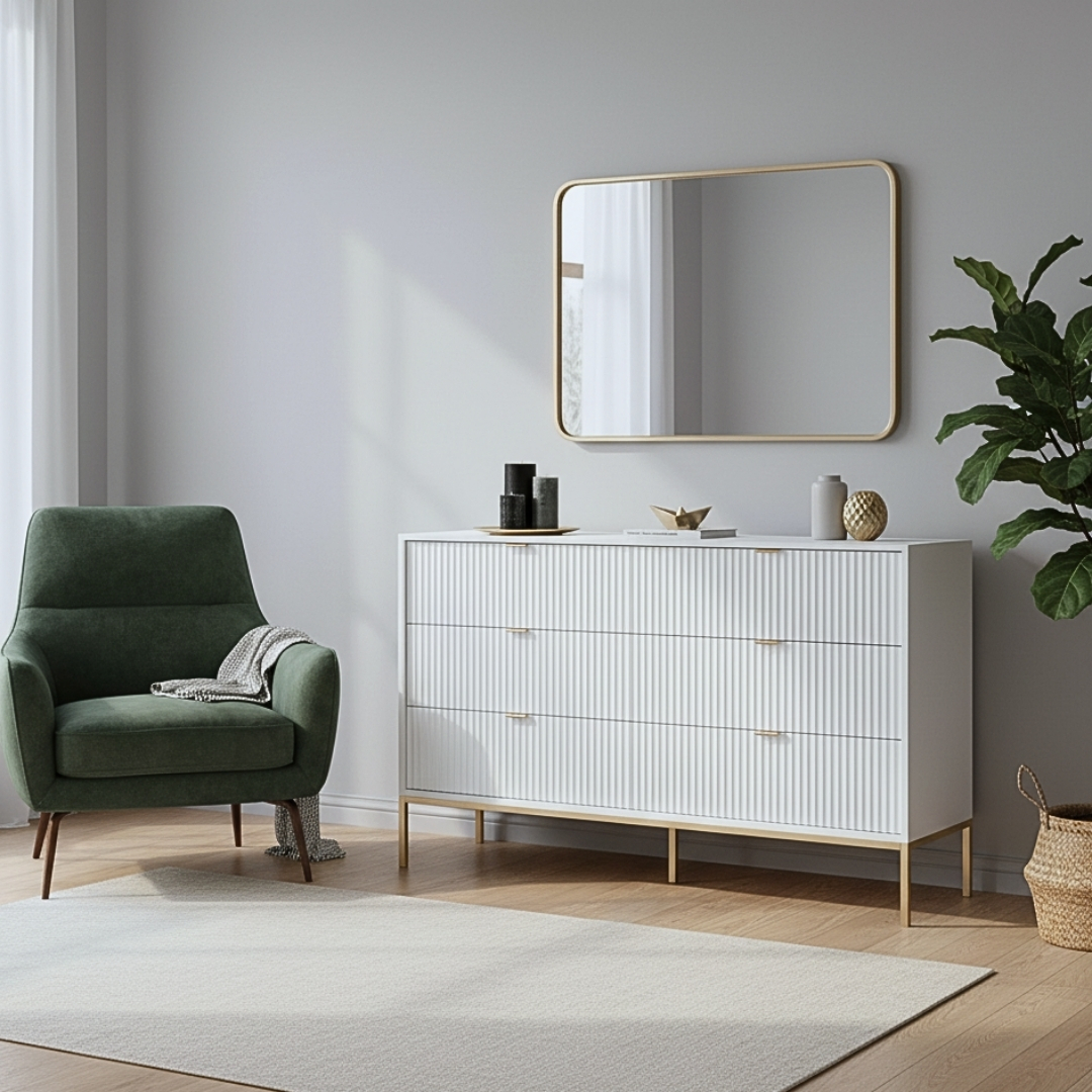 Komoda CORA 154 cm – biela + zlatá (hero)