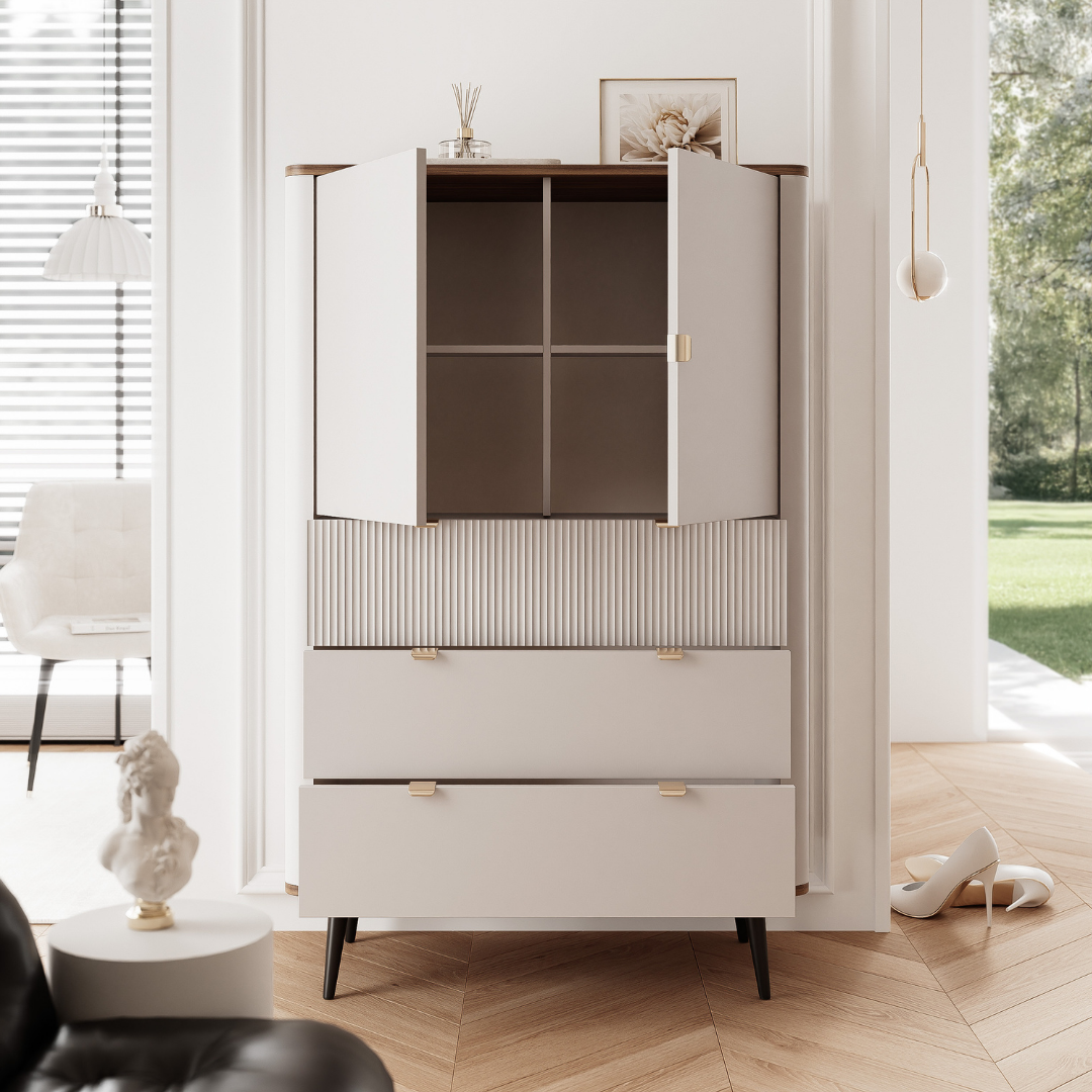 Moderná komoda NICOLA 90 cm kašmír a orech