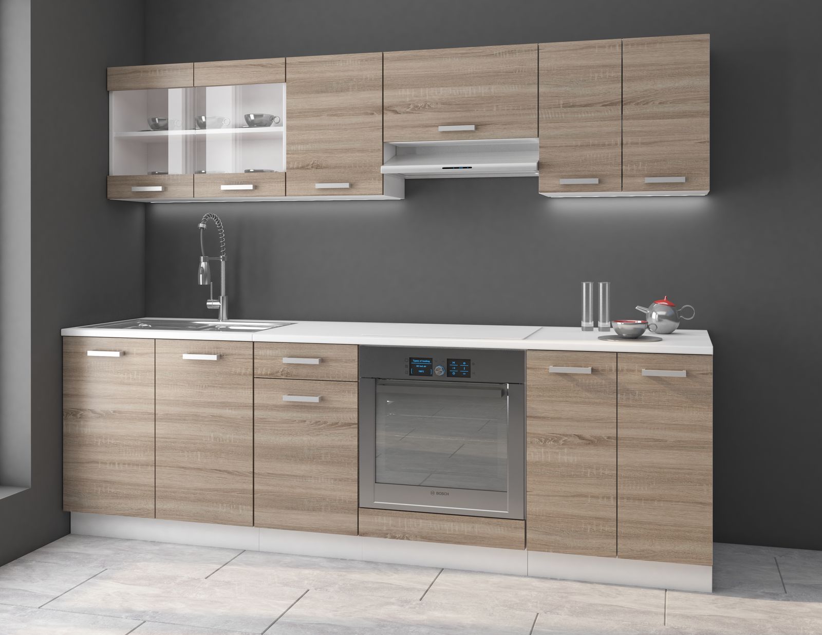 Kuchynská linka DUYGU 240 cm dub sonoma trufel + biela