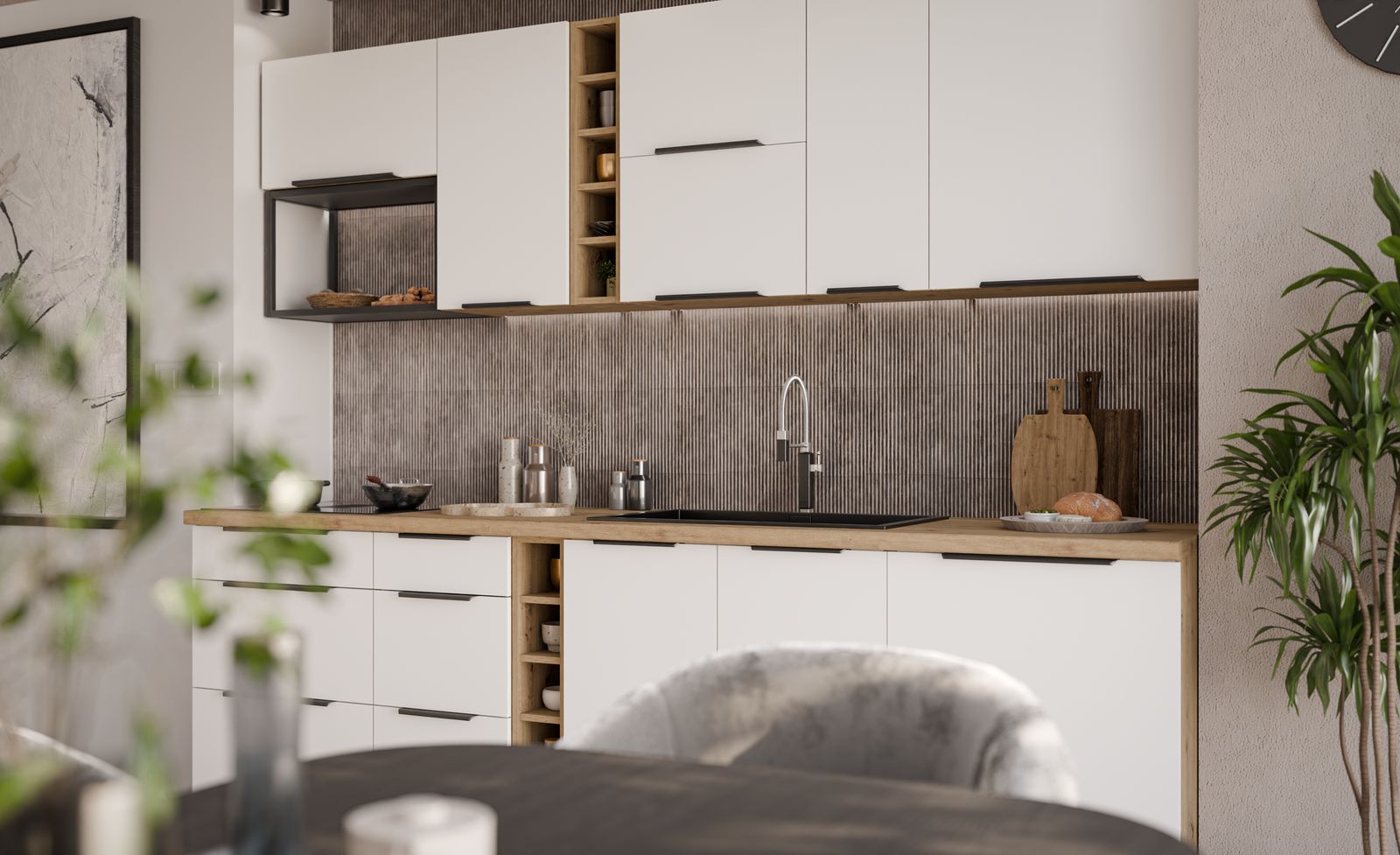 Kuchynská linka ILKE 240 cm krištáľovo biela + dub artisan