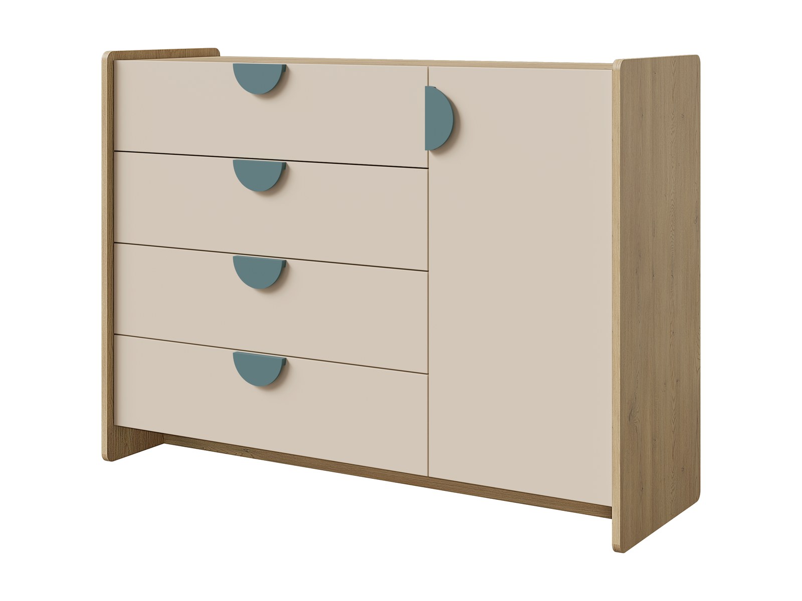 Detská komoda LEXI 123 cm so 4 zásuvkami a dvierkami dub cremona + morská modrá