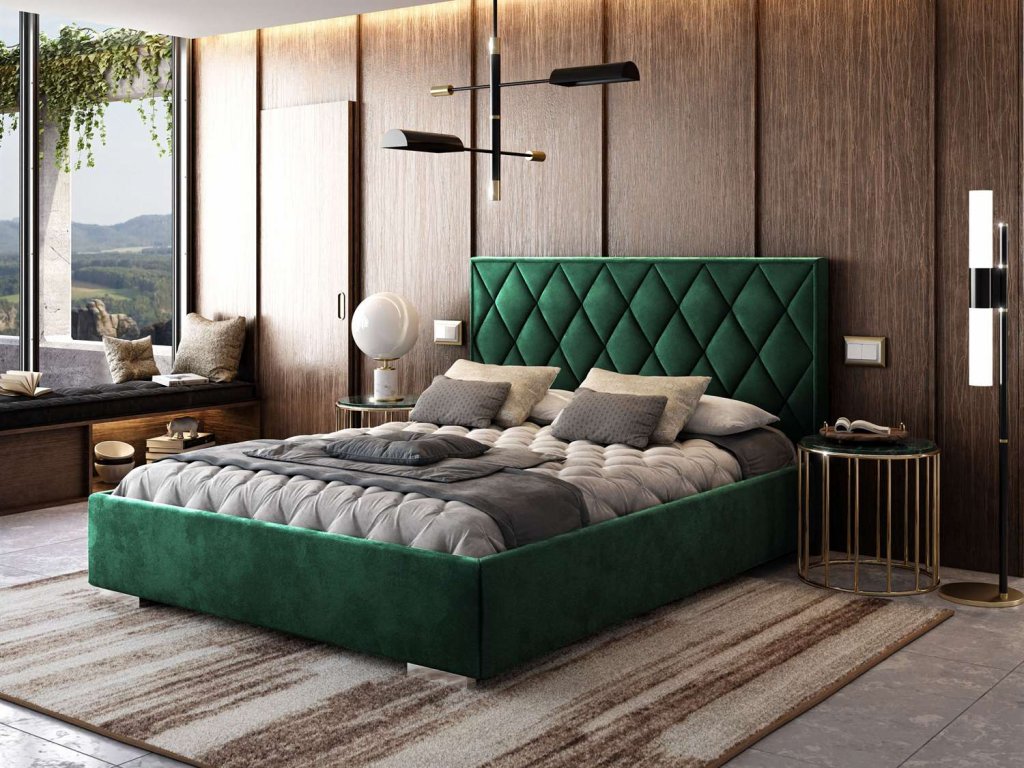 Čalúnená manželská posteľ ALEXA 180x200 s roštom zelená zamatová látka |  Catalina